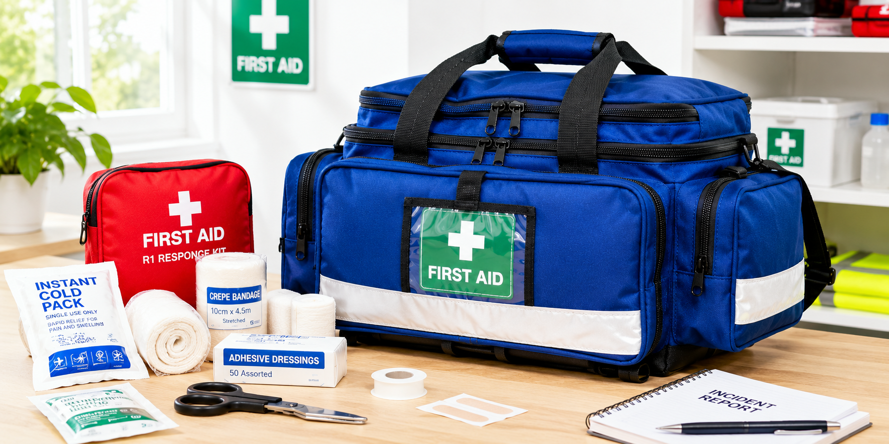 Blue first aid bag with portable emergency supplies arranged on a bright workplace response station.