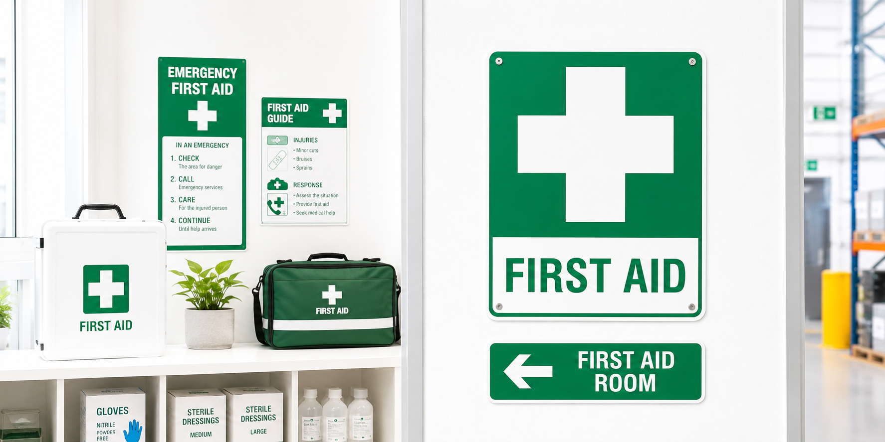 First aid signage displayed in a bright workplace safety station with emergency kits and medical supplies nearby.
