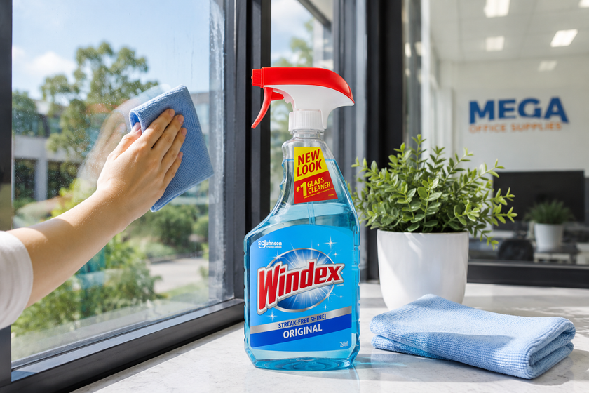 Glass cleaner bottle on a bright office windowsill with microfibre cloths and a window being cleaned.