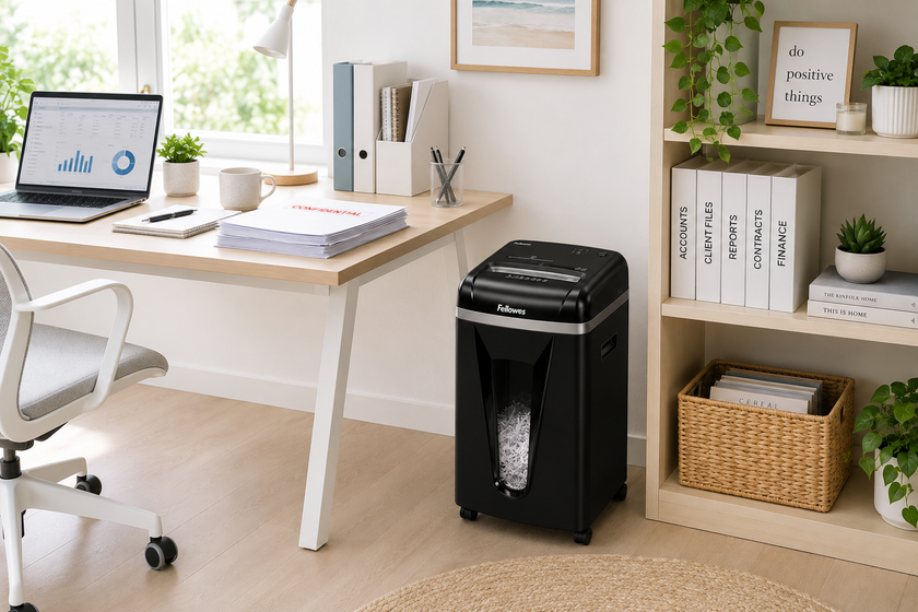 Fellowes paper shredder in a bright home office with an open white desk, pale timber shelving, laptop and confidential documents.