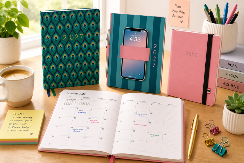 Orange Circle 2027 planners on a bright desk with an open monthly layout, colourful pens, sticky notes, coffee and planning accessories.