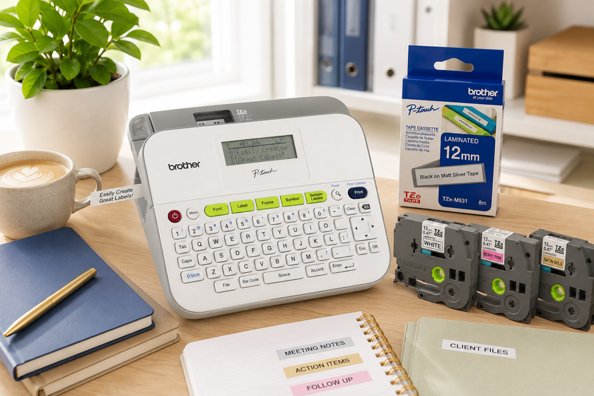 Brother label maker with assorted laminated tape cassettes in a bright, organised home office workspace.