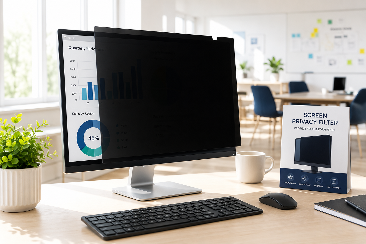 Monitor privacy filter used on a bright office desk with keyboard, mouse, product packaging, plant and shared workspace background.