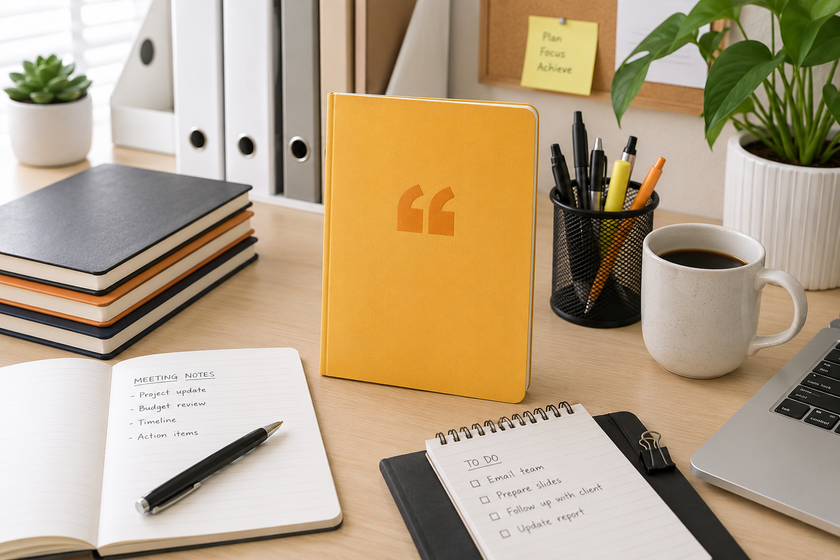 Yellow office notebook on a bright desk with meeting notes, task list, laptop, coffee and organised stationery.
