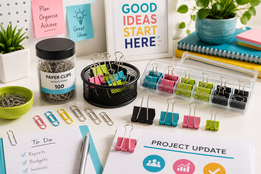 Paper clips and binder clips arranged in a bright modern office workspace with colourful organisers, reports and planning notes.