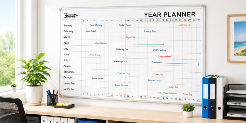 Calendar year planner board mounted in a bright office workspace for scheduling, reminders and team planning.