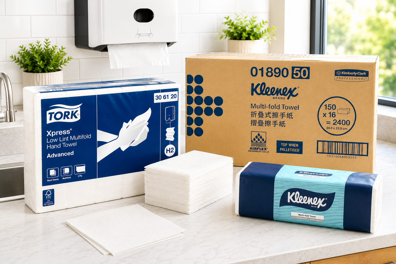 Paper towels displayed with dispenser packs and folded towels on a bright kitchen utility counter for workplace hygiene and cleaning.