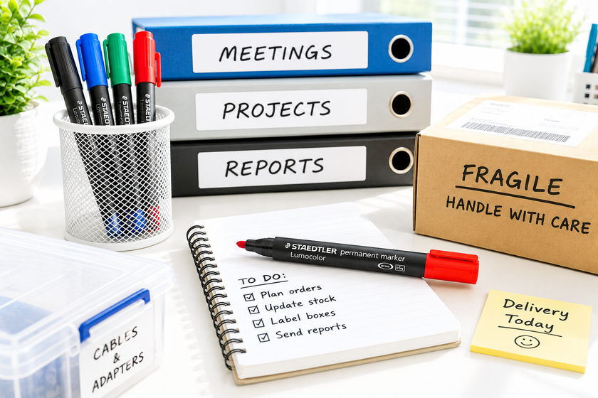 Permanent markers on a bright office desk with labelled folders, storage container, notebook and cardboard box.