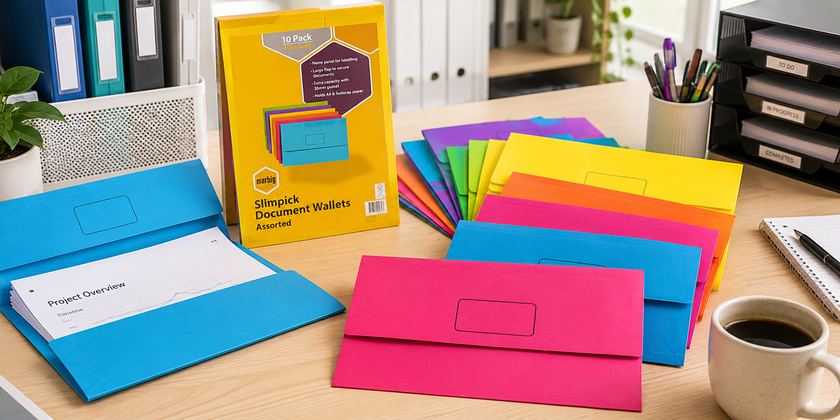 ssorted Slimpick document wallets arranged on a bright office desk with paperwork and stationery for lightweight filing.