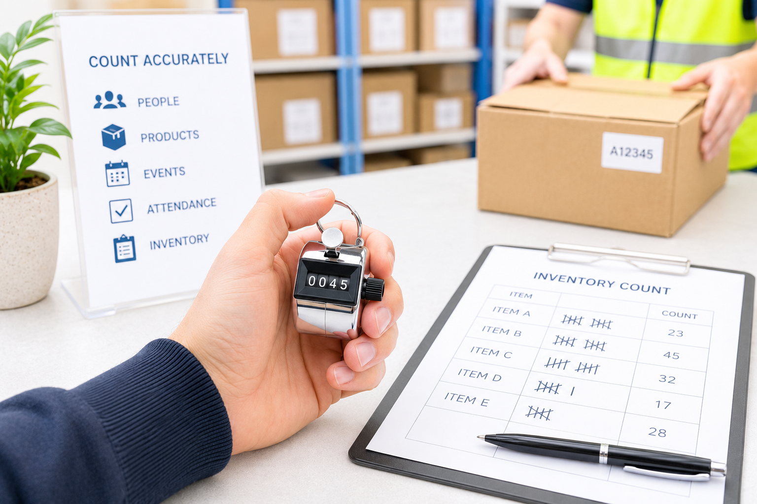 Tally counter used in a bright warehouse inventory area with clipboard count sheet, stock boxes and organised counting materials.