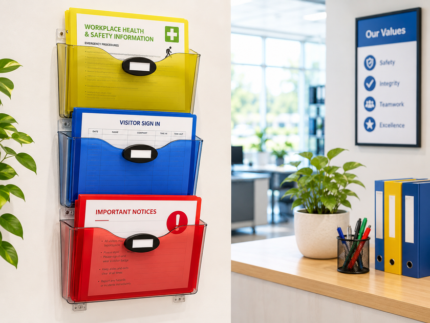 Bright wall mounted document holders in a modern office with safety forms, visitor sign in sheets, important notices and organised workspace styling.