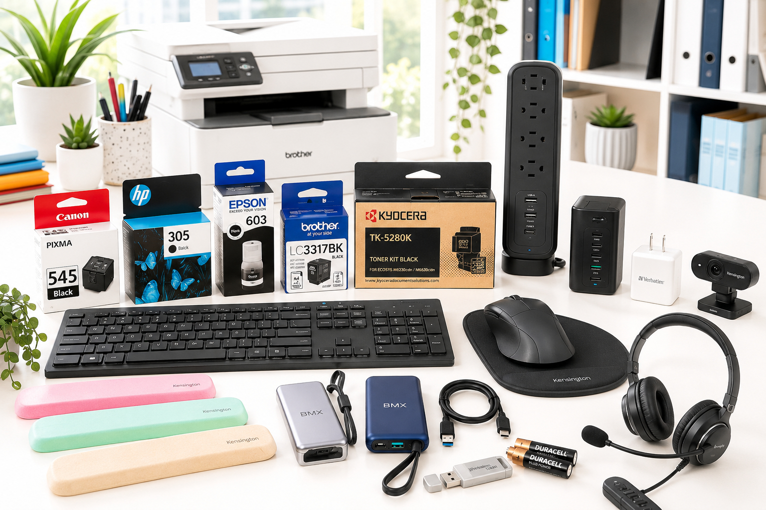Workplace technology products including ink, toner, cables, chargers, keyboard, mouse, headset, webcam and power banks arranged on a bright modern office desk.