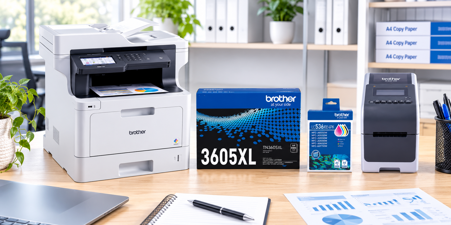 Brother printer, toner and ink supplies arranged on a bright modern office desk.