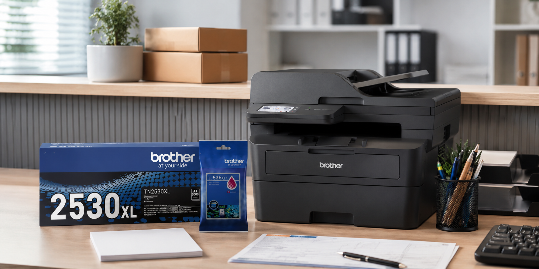 Brother toner cartridges and multifunction printer set up in a tidy small office print area with admin paperwork and desk accessories.