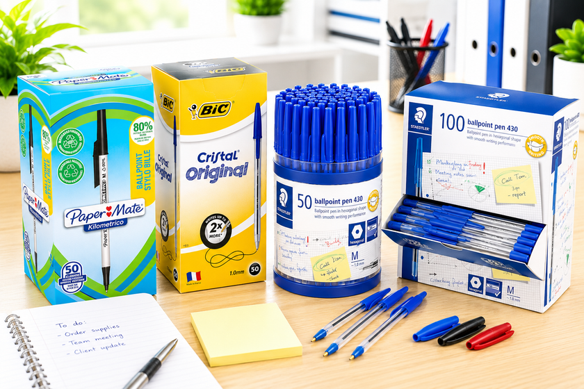 Bulk ballpoint pens displayed in boxes and tubs on a bright office desk for shared stationery cupboards, meetings and everyday writing.