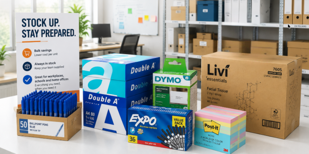 Bulk office supplies arranged in a bright modern stockroom with paper, pens, labels, markers, sticky notes and tissues for workplace restocking.