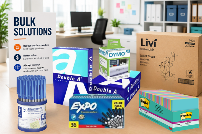 Bulk office supplies display with copy paper, tissues, labels, markers, sticky notes and pens in a bright modern office.
