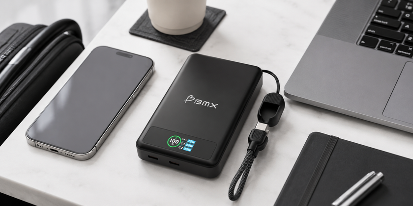 Power bank displayed in a business travel workspace with smartphone, laptop, notebook and coffee on a clean desk.