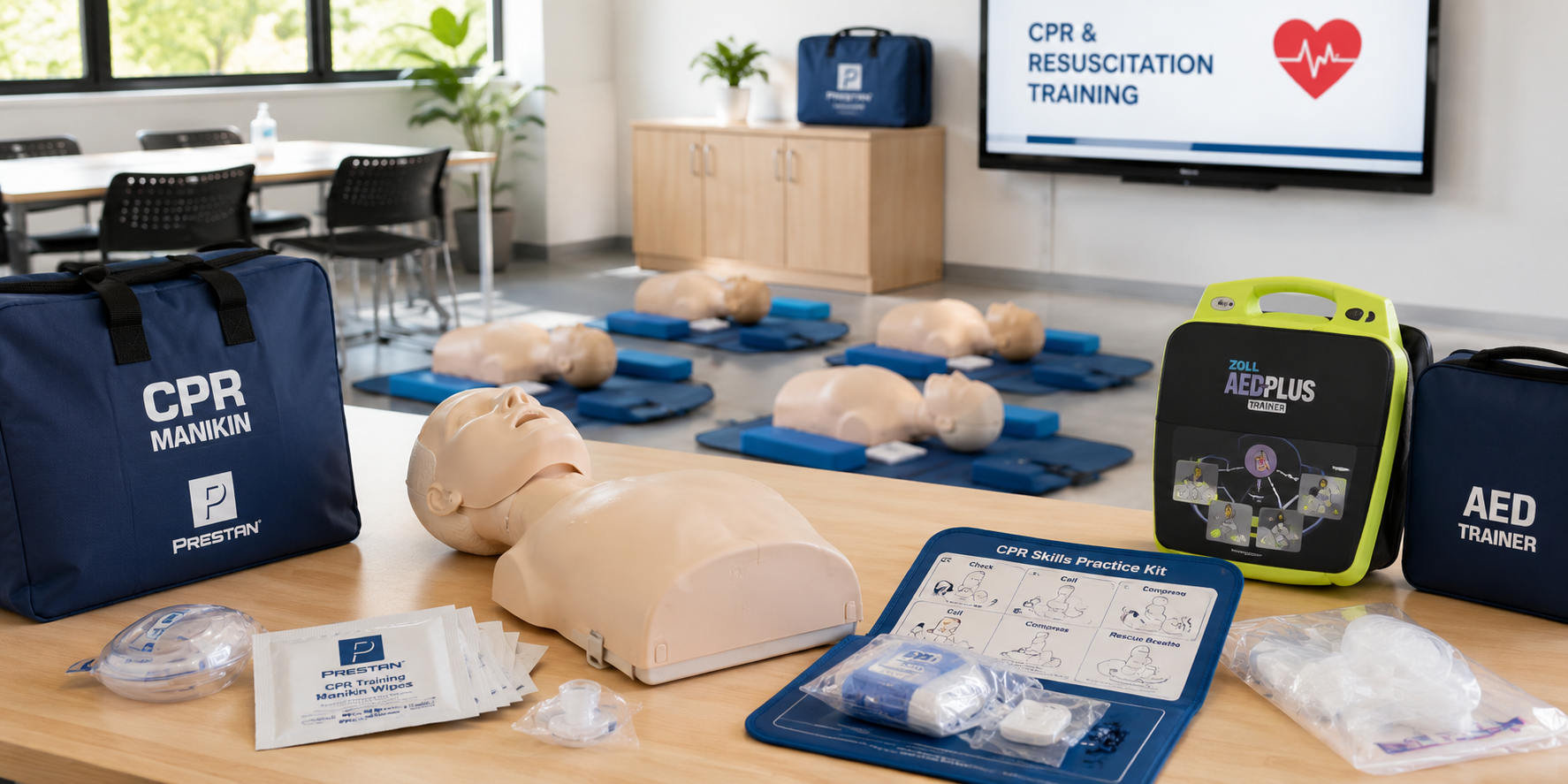 CPR manikins, AED trainer and training supplies arranged in a bright modern training classroom 