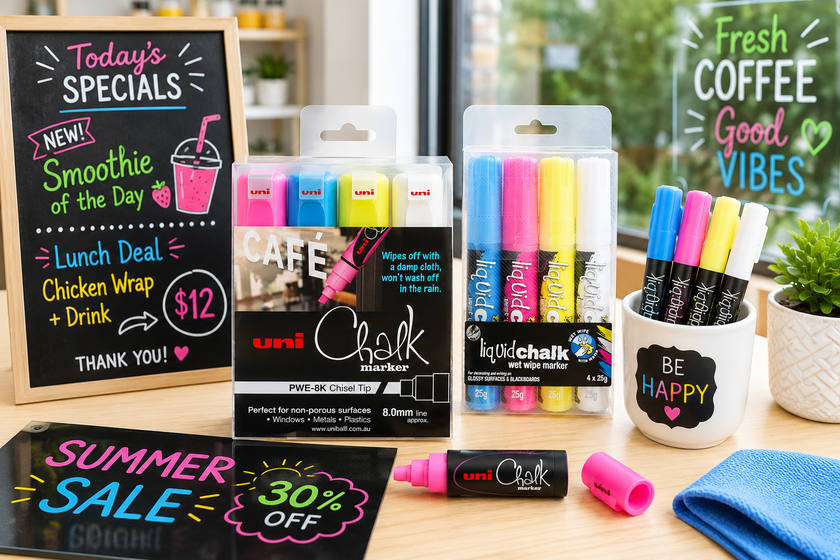 Liquid chalk markers displayed in a bright cafe setting with colourful menu boards, window writing and promotional signage.