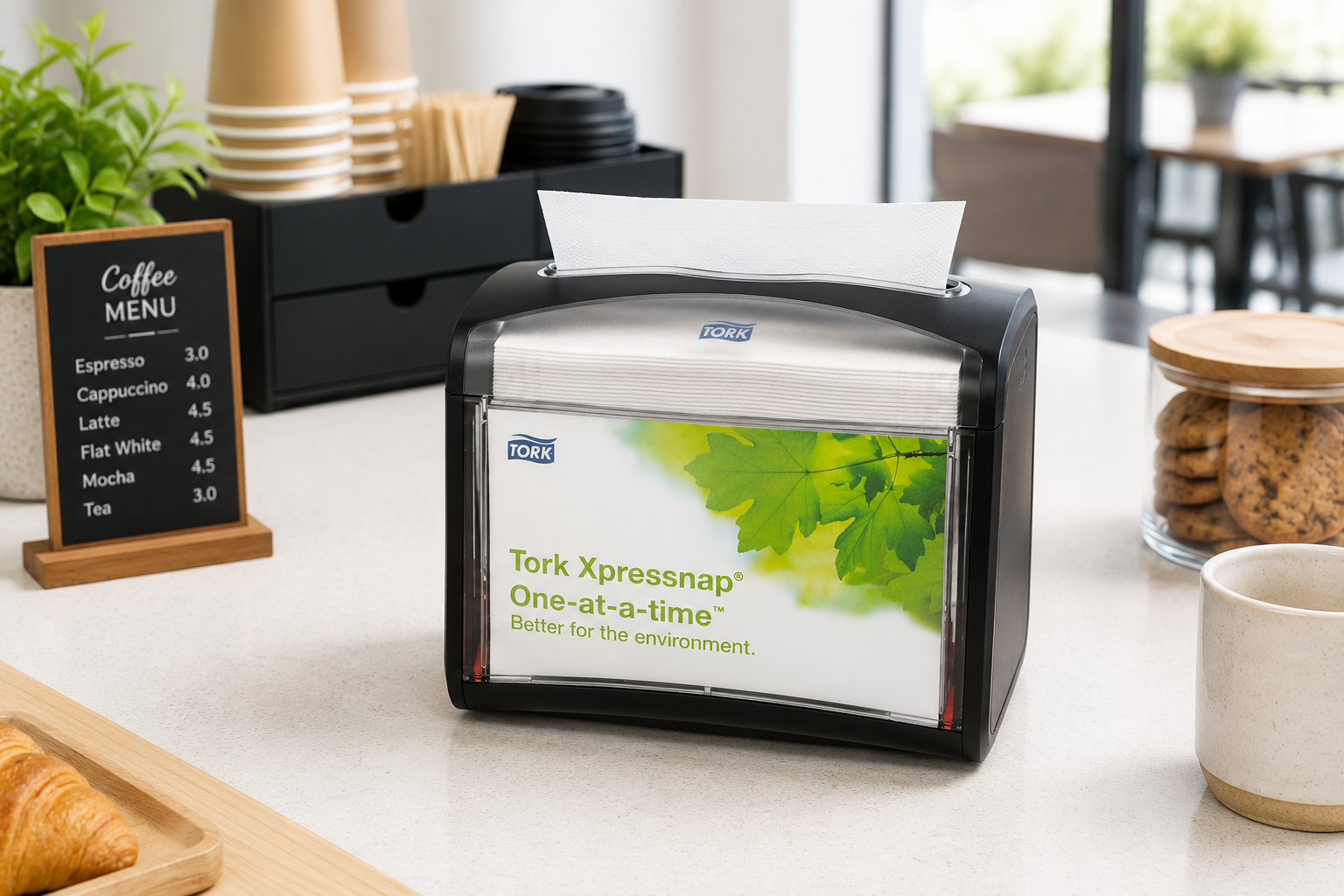 Top dispensing napkin dispenser on a bright cafe counter with cups, menu board and food service accessories.
