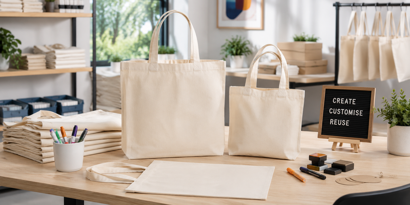 Creative merchandise workspace with plain calico bags, fabric markers, tags and customisation supplies.
