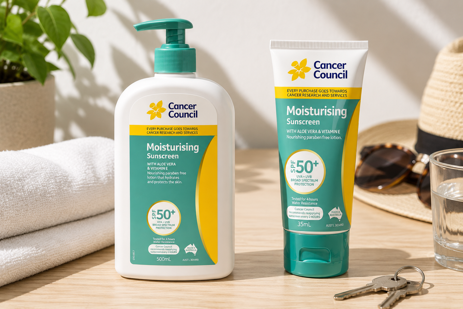 Cancer Council sunscreen displayed in a bright sunlit setting with towel, hat and sunglasses.