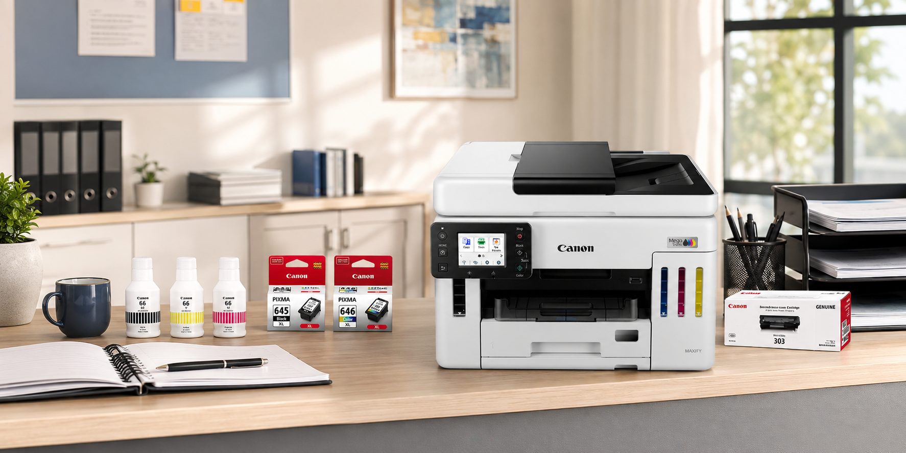 Canon printer consumables and office printer arranged on a tidy admin workstation with paper trays, stationery and natural daylight.