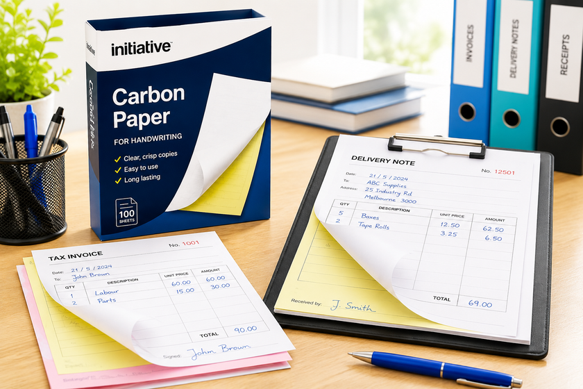 Carbon paper displayed on a bright office desk with duplicate invoice forms, delivery notes and a pen for handwritten record keeping.
