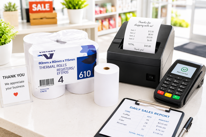 Cash register rolls displayed on a bright retail checkout counter with receipt printer, EFTPOS terminal and daily sales report for transaction records.