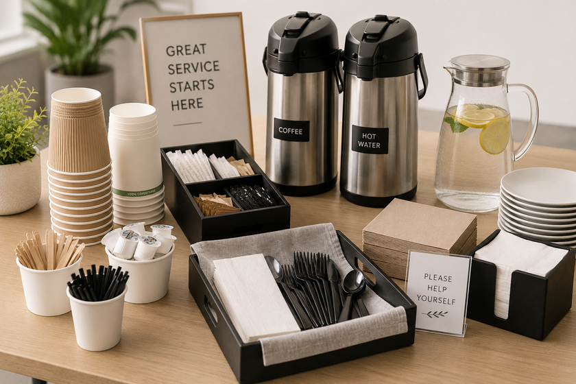 Catering and hospitality supplies arranged on a modern coffee station with cups, napkins, cutlery, beverage dispensers and guest service essentials.