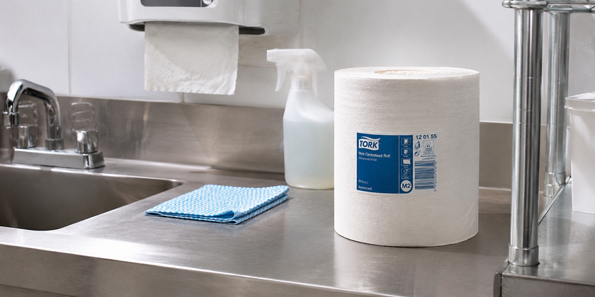 Centrefeed paper towel roll beside a stainless steel commercial wash-up station with spray bottle and cleaning cloth.