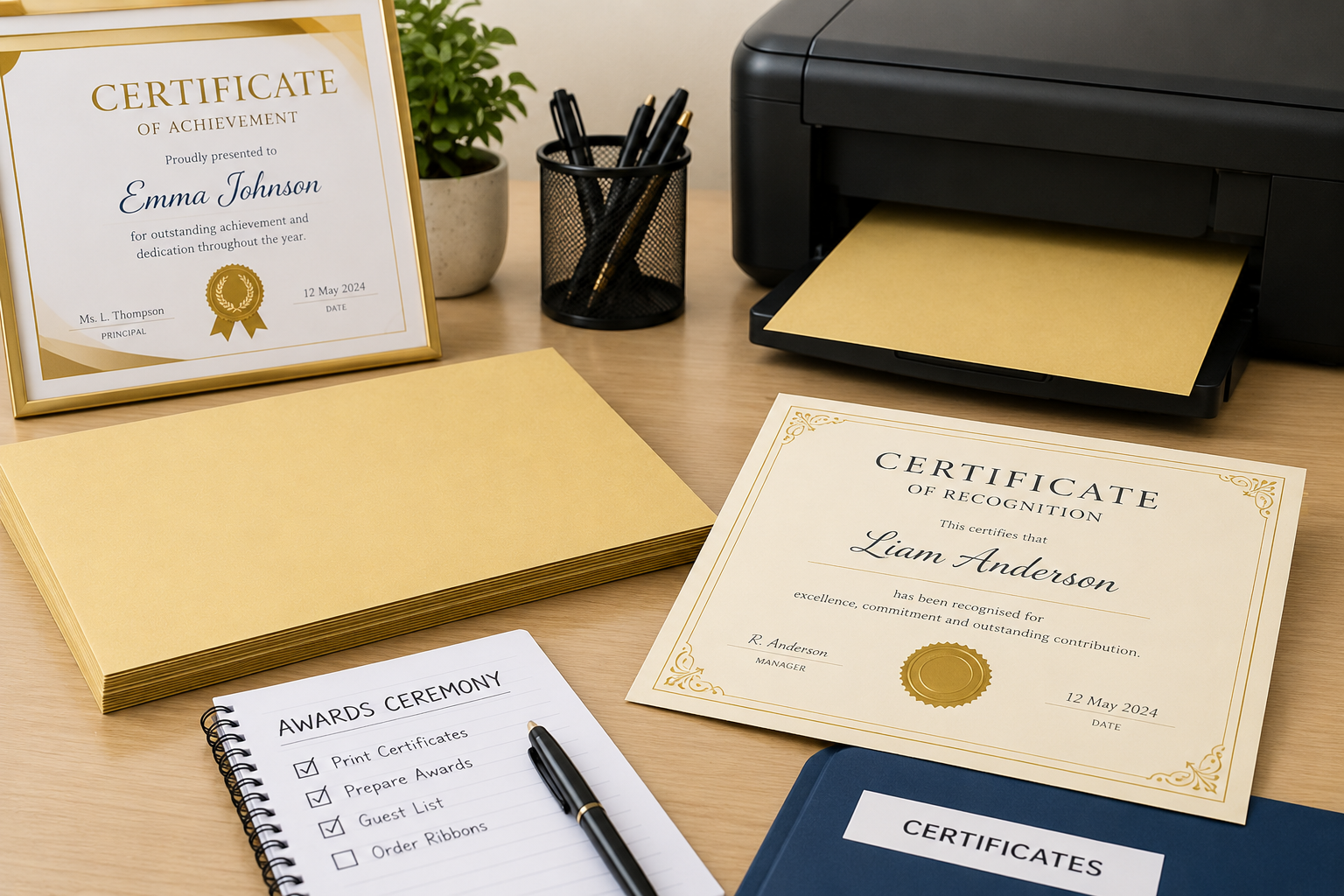 Certificate papers displayed on a bright awards printing desk with finished certificates, printer, stationery and event preparation notes.