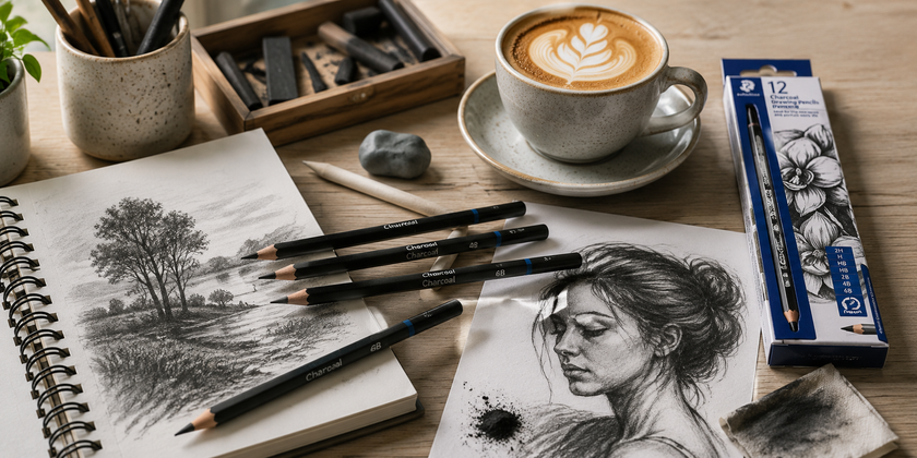 Charcoal drawing pencils arranged on a bright artist workspace with sketchbooks, shading tools and finished charcoal artwork.