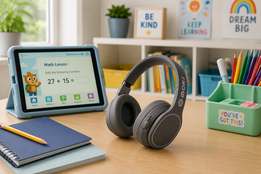 Childrens headphones on a bright learning desk with tablet, notebooks, pencils and classroom study supplies nearby.