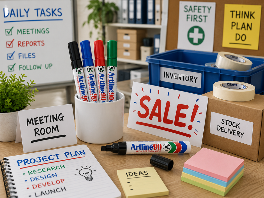 Chisel tip markers arranged in a bright office workspace with bold signs, labels, project notes and colour coded whiteboard tasks.