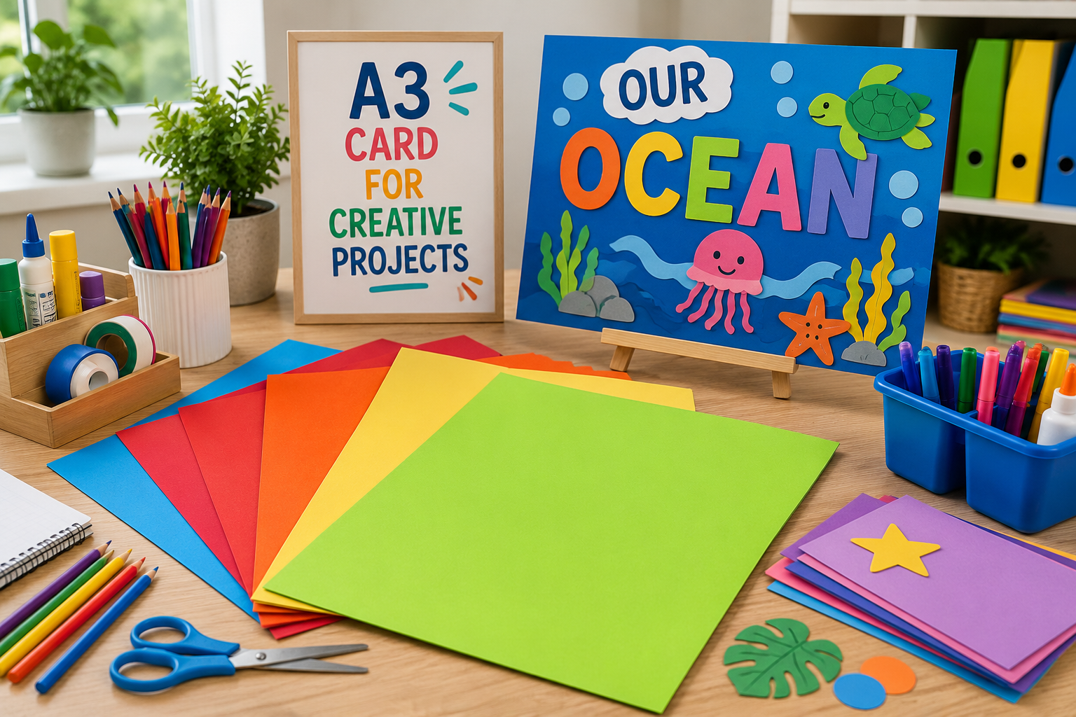 A3 coloured cardboard sheets arranged on a classroom craft table with scissors, pencils and display project materials for school art and creative displays.