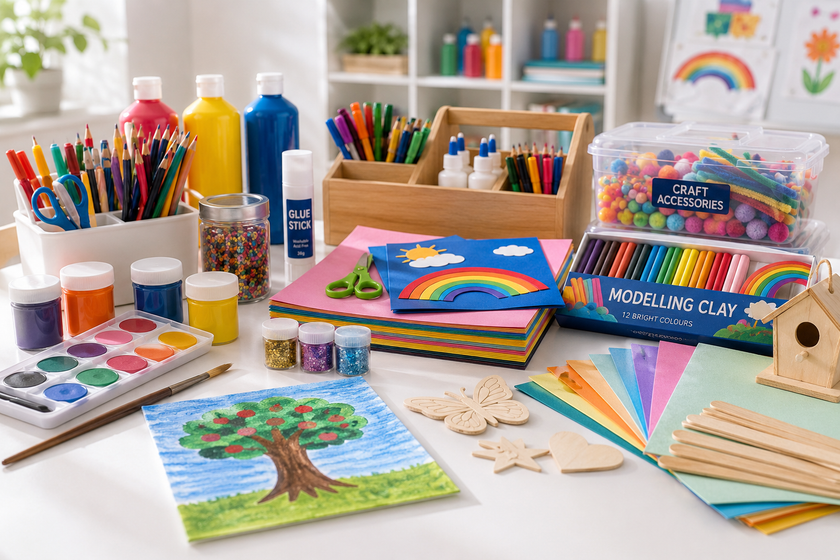 Classroom art and craft supplies arranged on a bright table with paints, pencils, modelling clay, craft paper, glitter and wooden shapes.