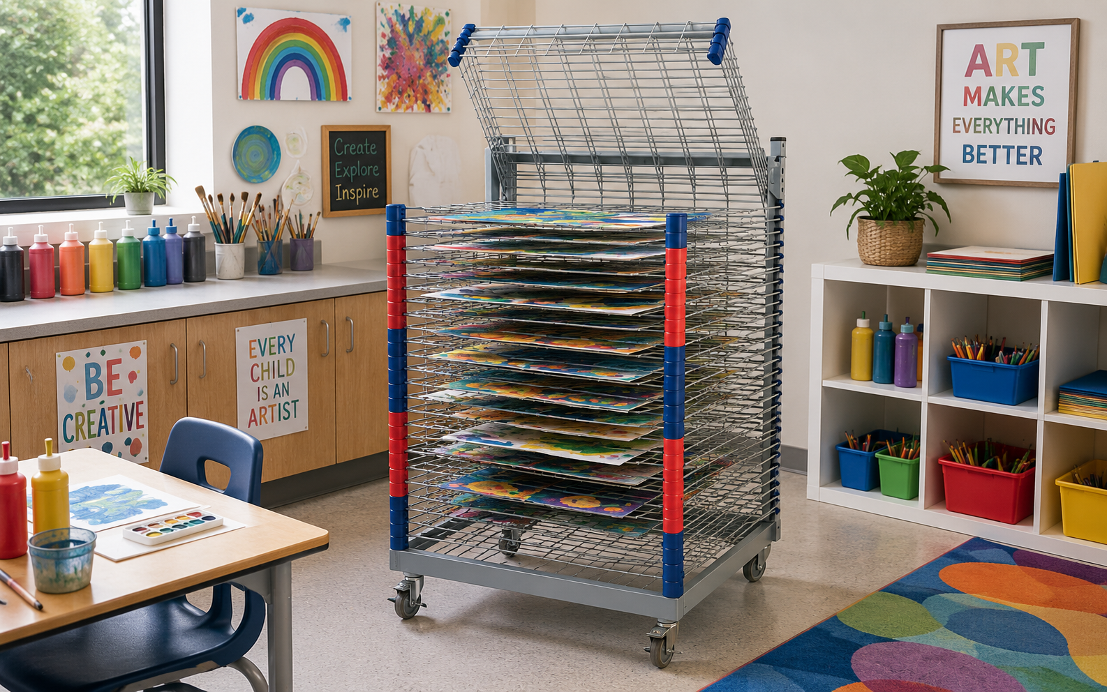 Mobile art drying rack in a bright classroom art room with student paintings, paint bottles and creative supplies for drying wet artwork.
