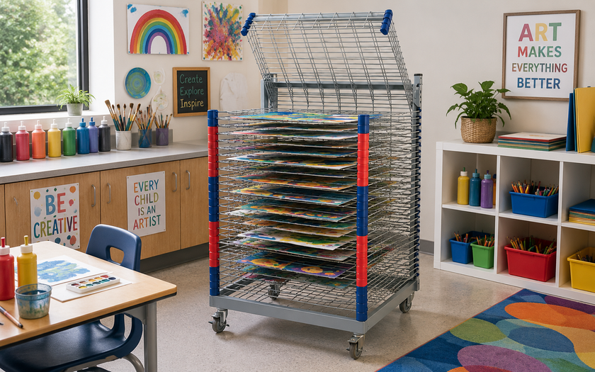 Mobile art drying rack in a bright classroom art room with student paintings, paint bottles and creative supplies for drying wet artwork.