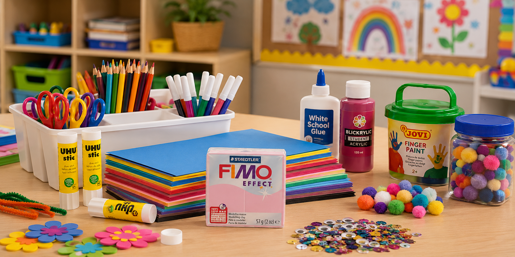 Educational craft supplies arranged on a classroom craft table with coloured paper, glue sticks, modelling clay, pencils and creative materials for hands-on learning.