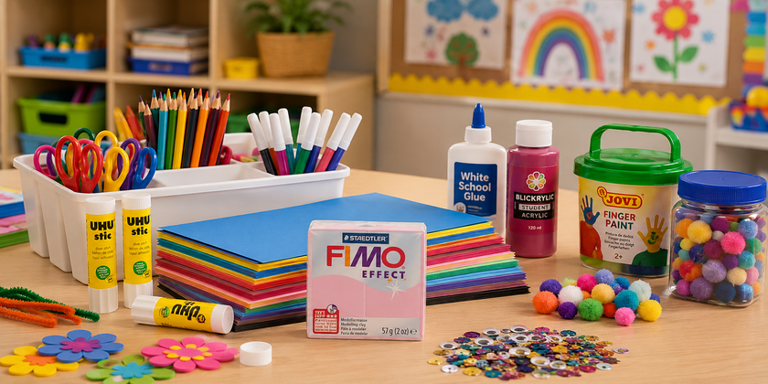 Educational craft supplies arranged on a classroom craft table with coloured paper, glue sticks, modelling clay, pencils and creative materials for hands-on learning.