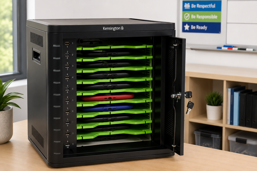 Charge and sync cabinet open on a classroom table with organised tablets, lockable door, charging ports and teaching resources nearby.