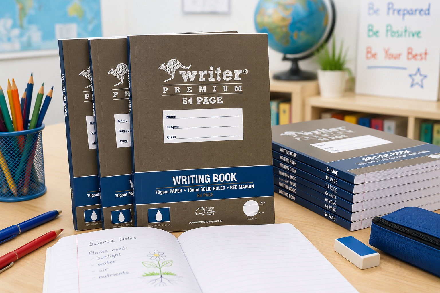 Educational exercise books arranged on a bright classroom desk with stationery and study notes for school writing and learning.