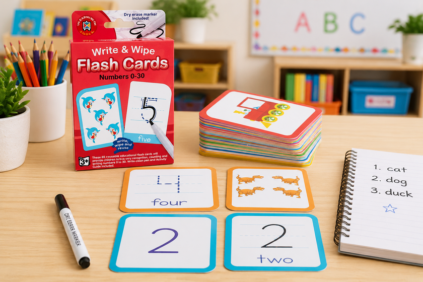 Classroom flash cards arranged on a bright learning table with number cards, dry erase marker, pencils and classroom activity supplies.