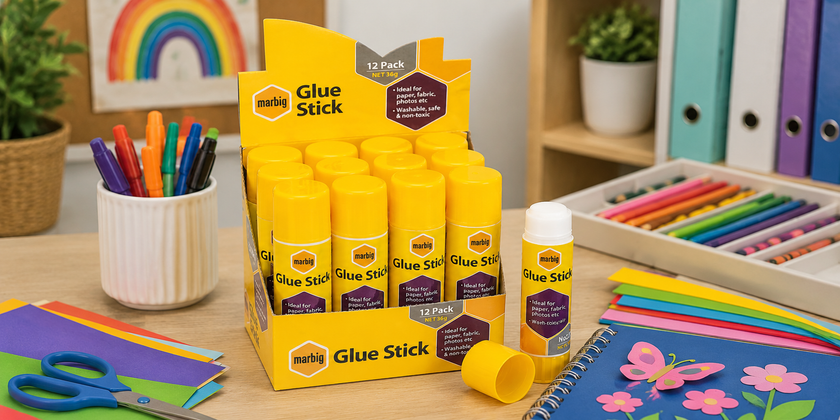 Craft glue sticks displayed on a classroom craft table with coloured paper, markers, scissors and project materials for school and creative activities.