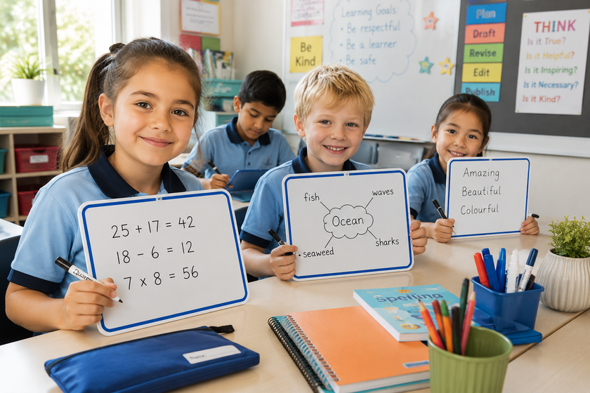 Students using lap whiteboards in a bright classroom for maths, spelling and interactive learning activities.