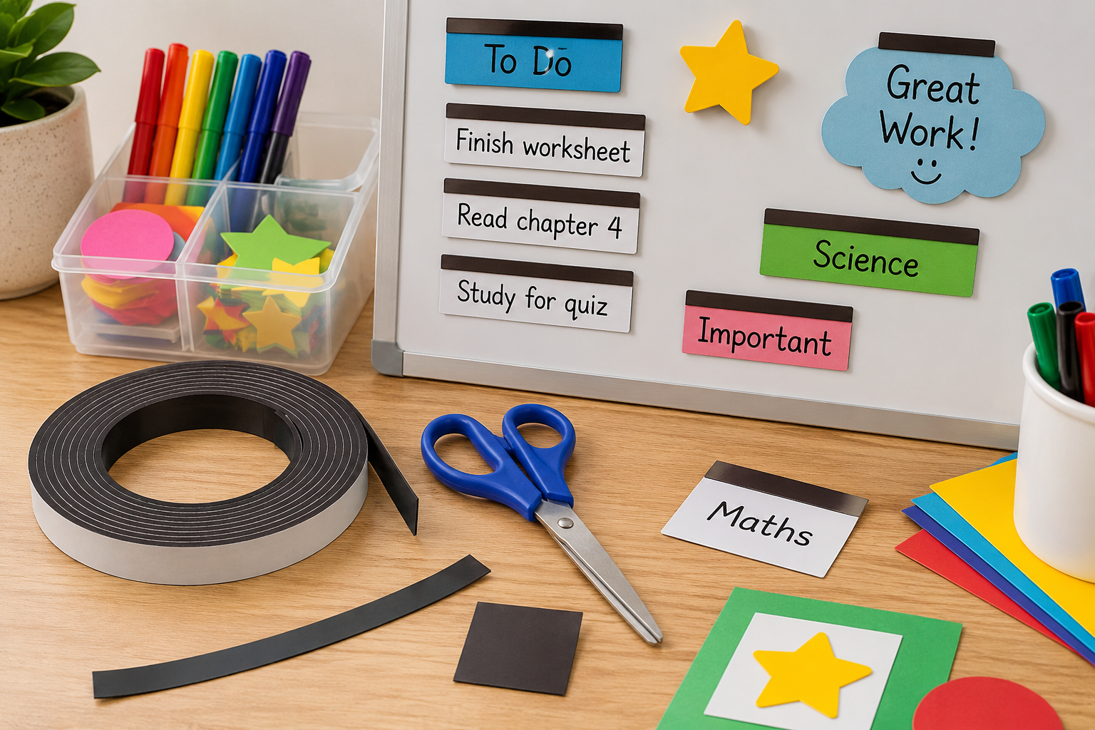 Craft magnetic tape roll on a classroom desk with magnetic labels, coloured card and a whiteboard display for reusable learning resources.
