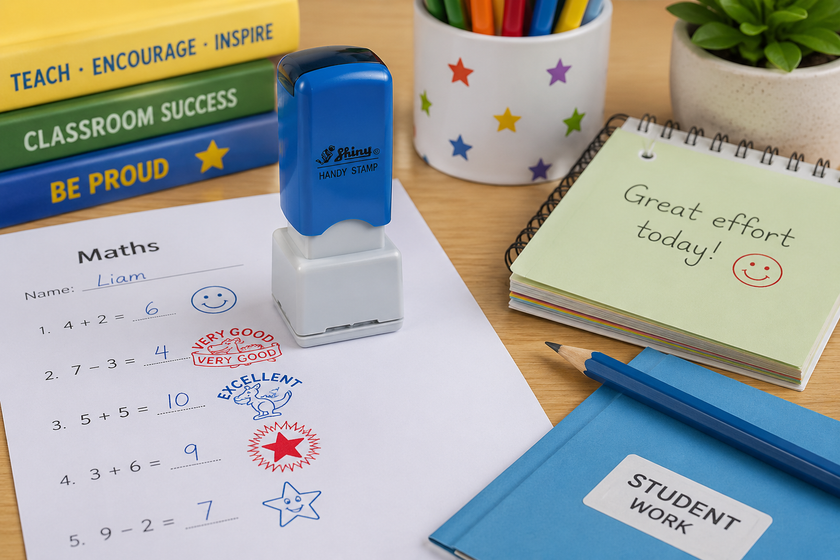 Erasable rubber stamp marker on an organised planner desk with colourful calendar and study notes for planning, reminders and classroom organisation.