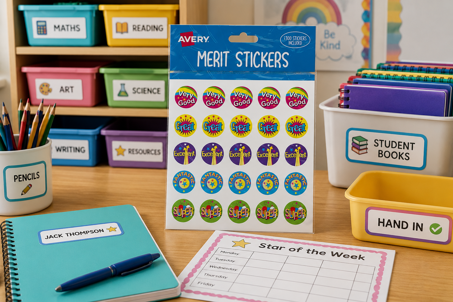 Education merit stickers arranged on a bright classroom desk with student books, labelled storage tubs and teacher organisation supplies.
